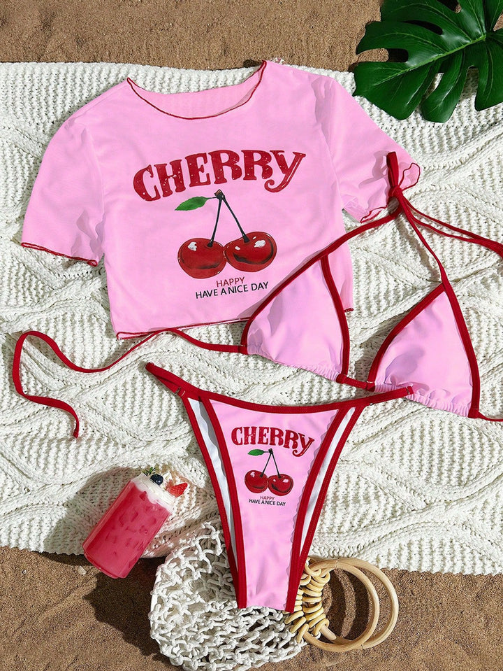 Cherry Print Three-Piece Bikini