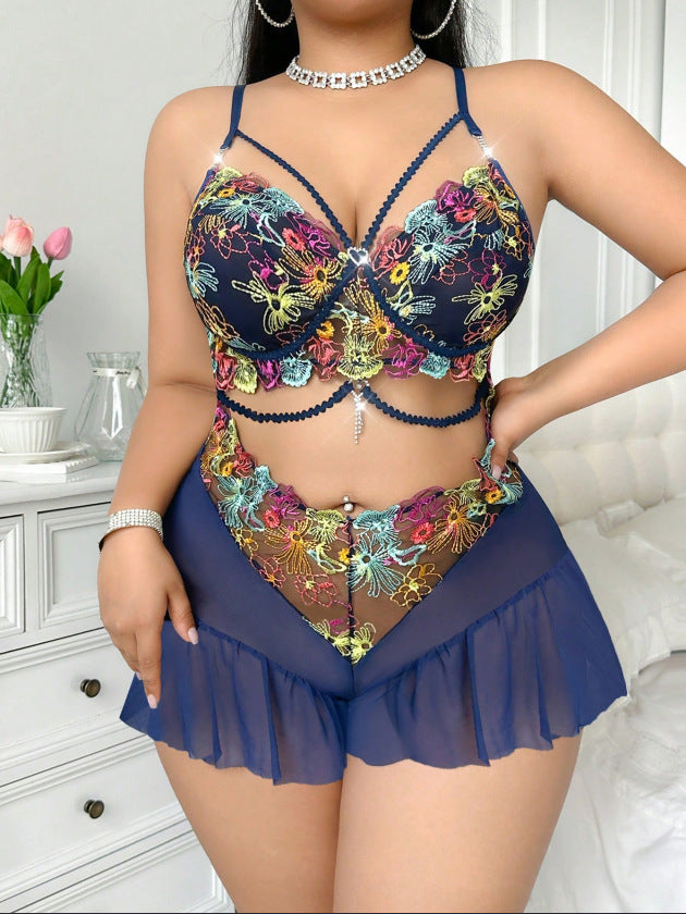 Plus-Size Embroidered Sheer Mesh Bodysuit
