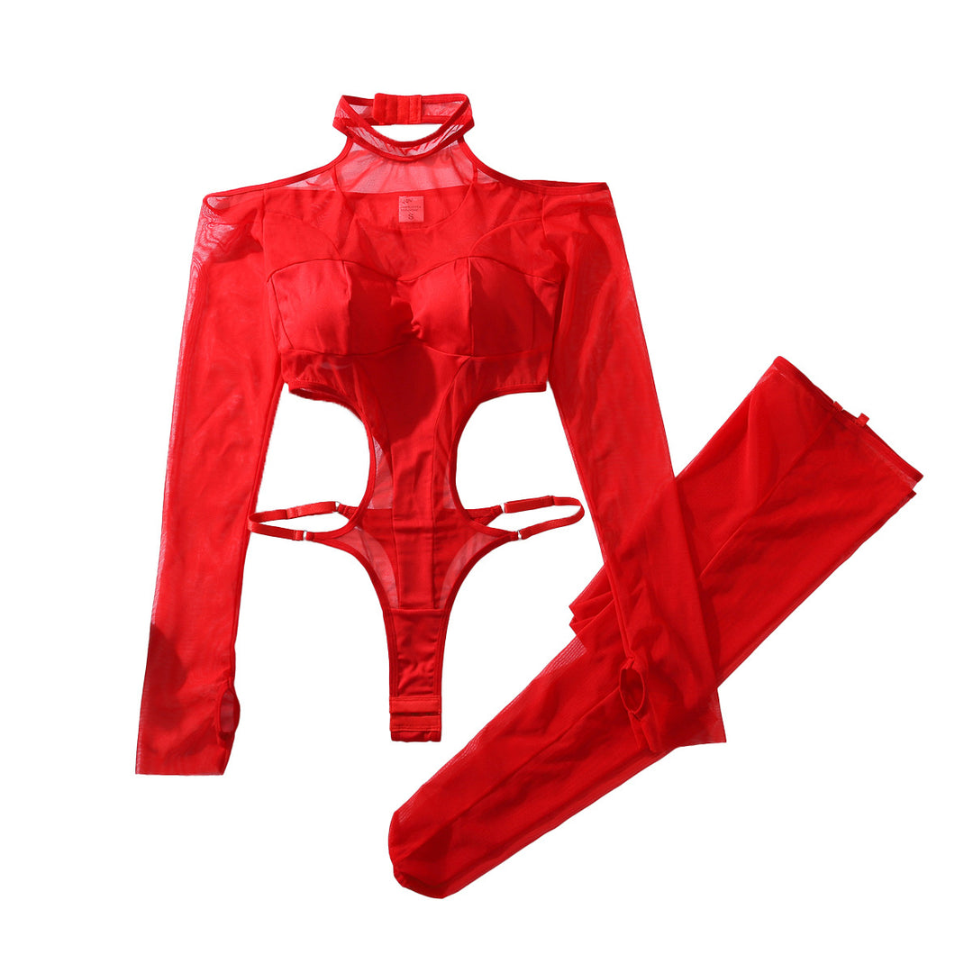 Sheer patchwork long-sleeved bodysuit and stockings set