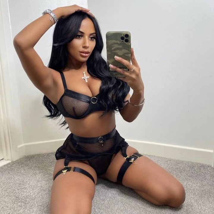 Transparent mesh patchwork lingerie set