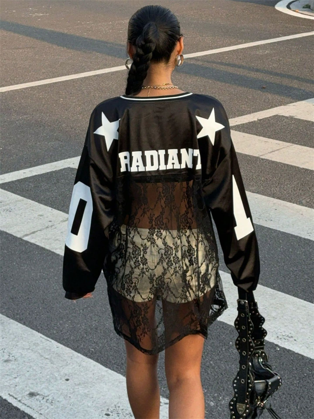 Printed Lace Sheer V-Neck Sweatshirt