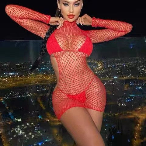 Long Sleeve Fishnet Cutout Bodycon Dress