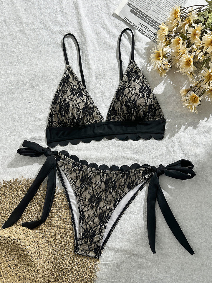 Black Lace Scallop Tie-Up Bikini Set