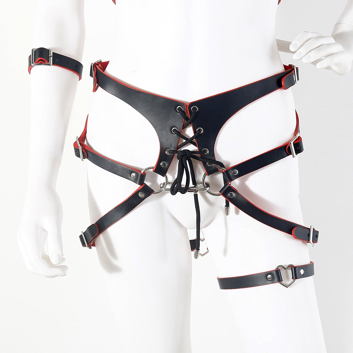 Black and red leather bondage suit