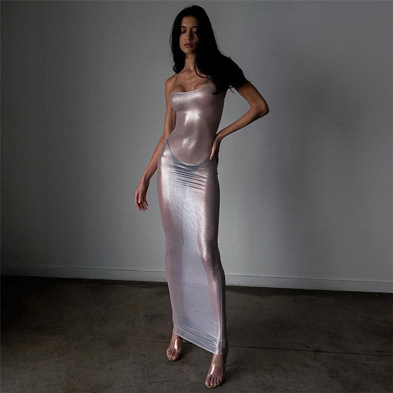 Nightclub fashion hot girl sexy see-through slim suspender dress