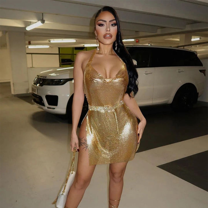 Shiny backless halter-neck high-slit dress