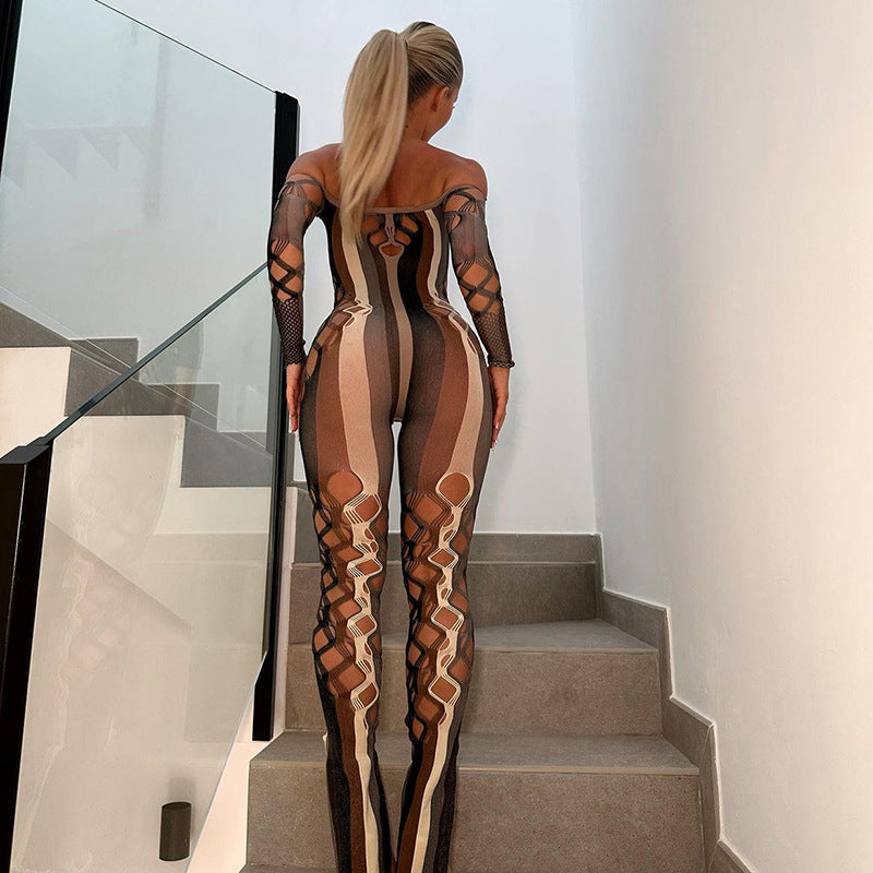 Fashion sexy hot girl one shoulder hollow see-through high waist tight jumpsuit