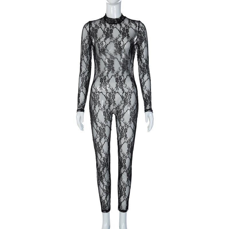 Lace Jacquard Half-Turtleneck Slim Jumpsuit