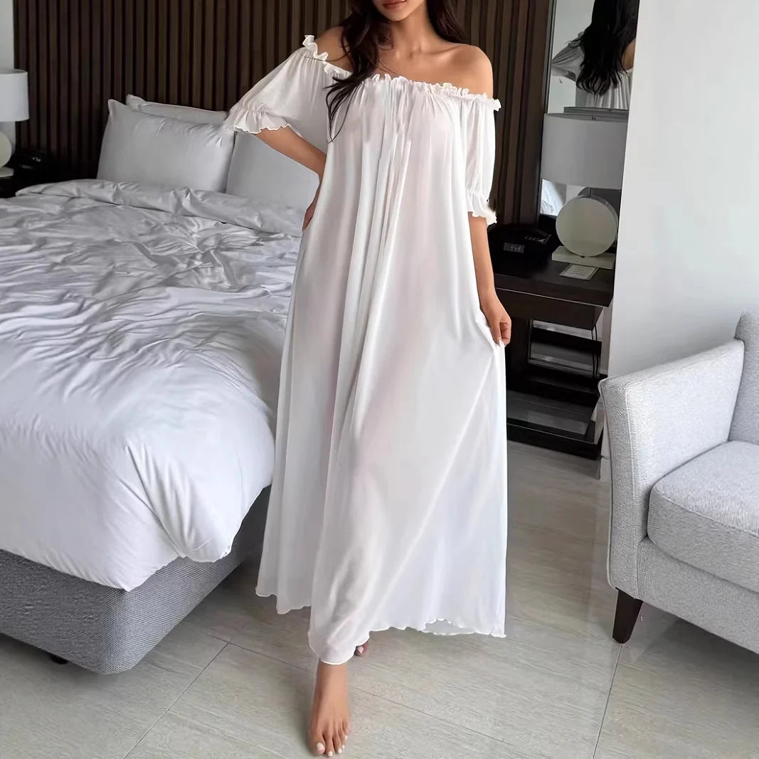 Off-Shoulder Ruffle Mesh Maxi Sleep Dress