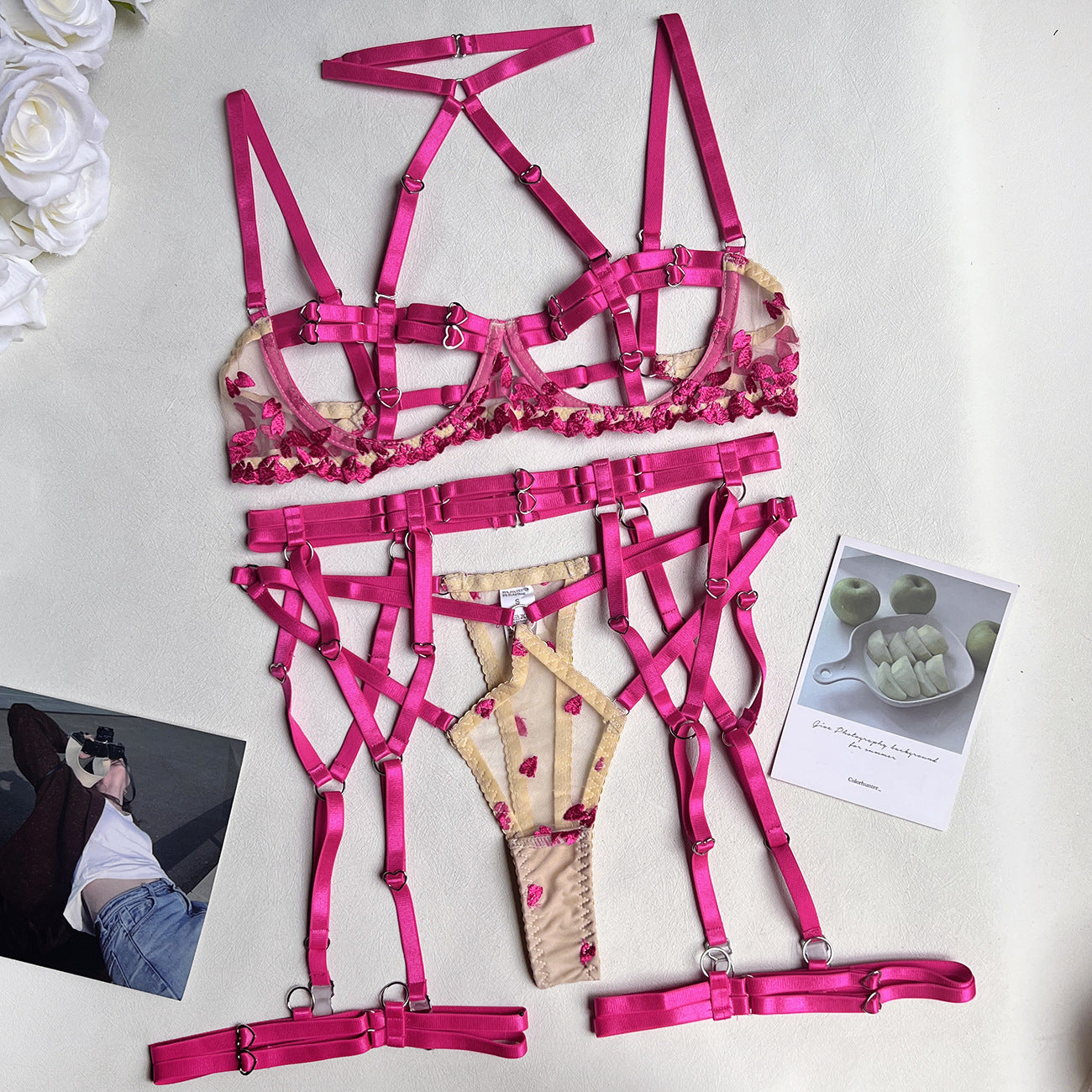 Two-color stitching straps complex heavy craft sexy lingerie 5-piece set