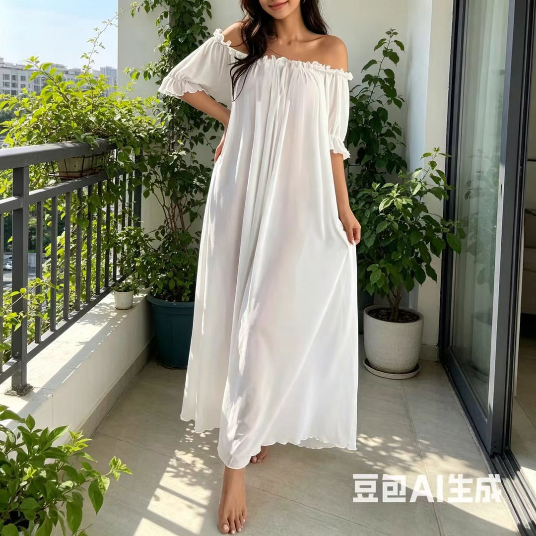 Off-Shoulder Ruffle Mesh Maxi Sleep Dress