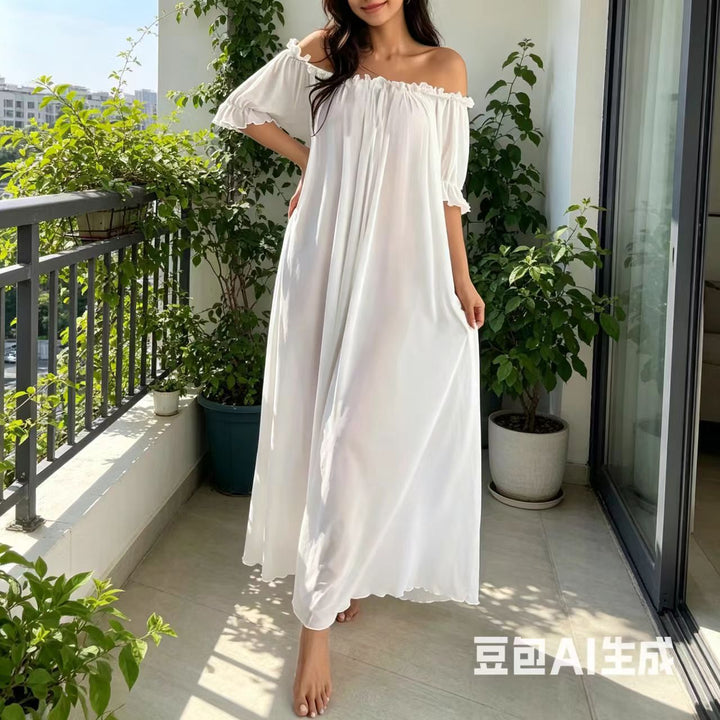 Off-Shoulder Ruffle Mesh Maxi Sleep Dress