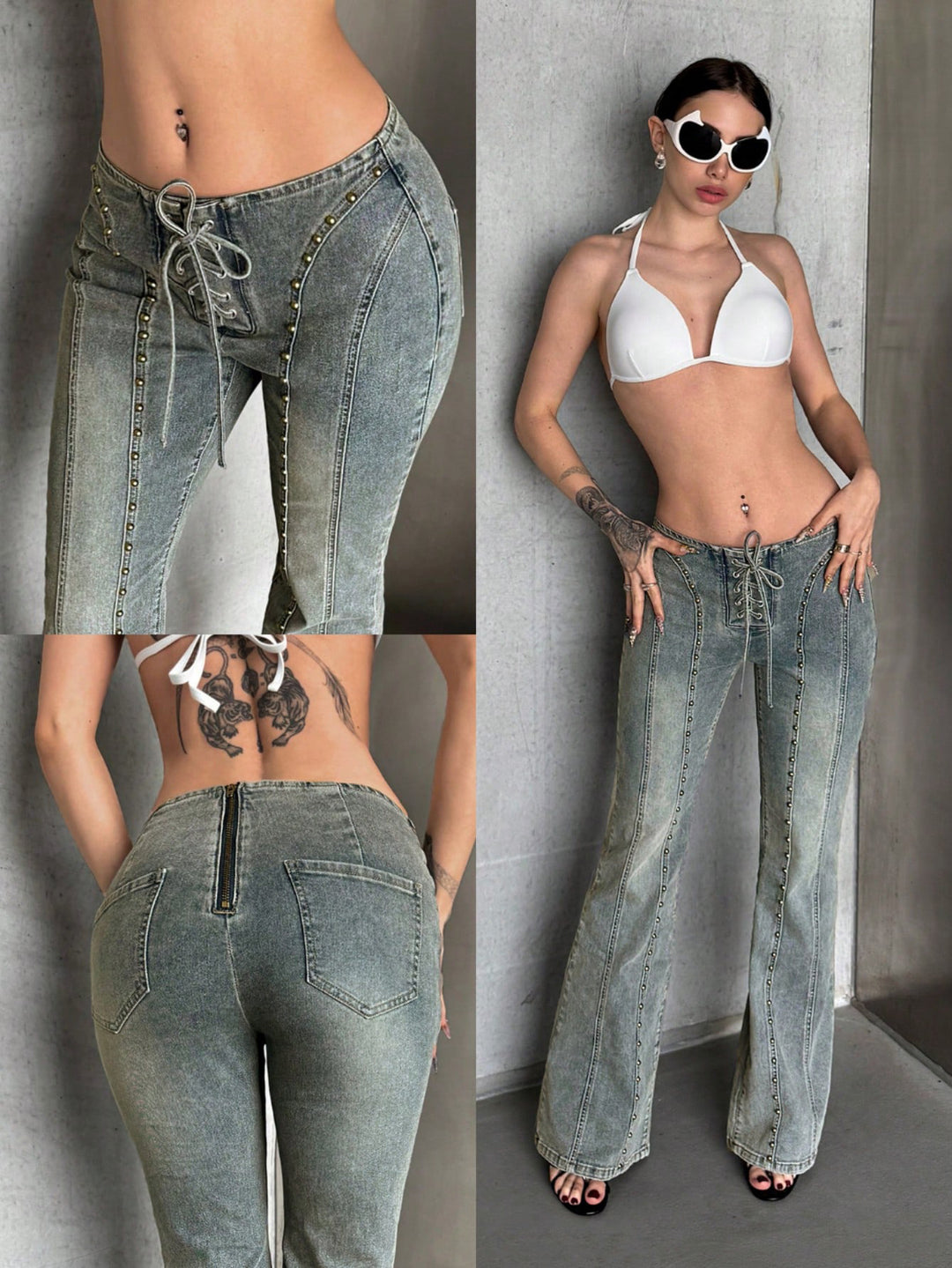 Vintage Studded Lace-Up Straight-Leg Jeans