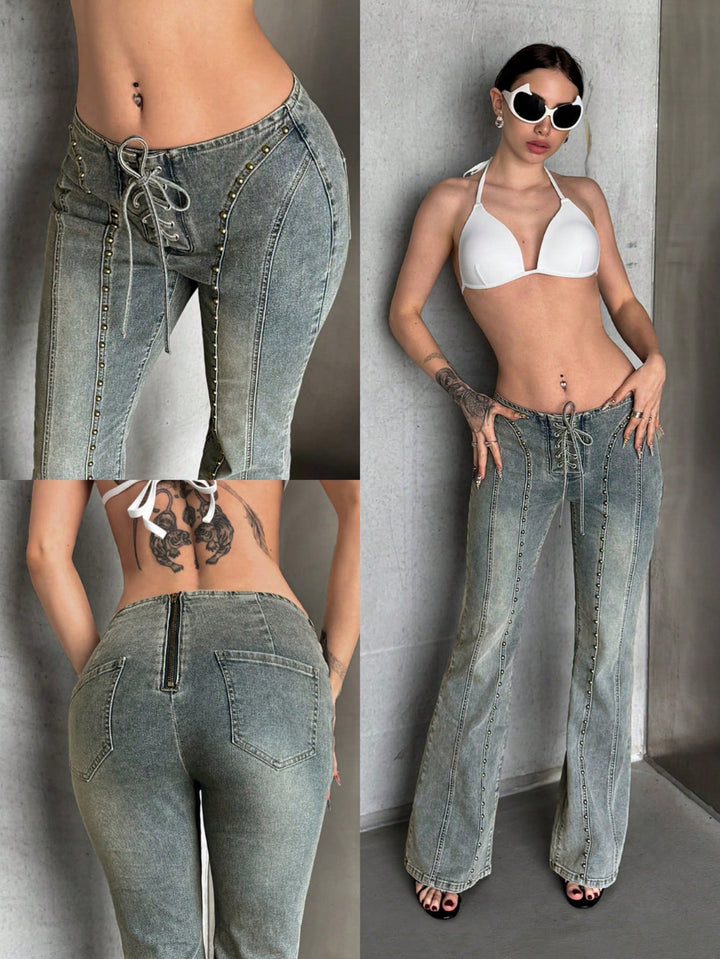 Vintage Studded Lace-Up Straight-Leg Jeans