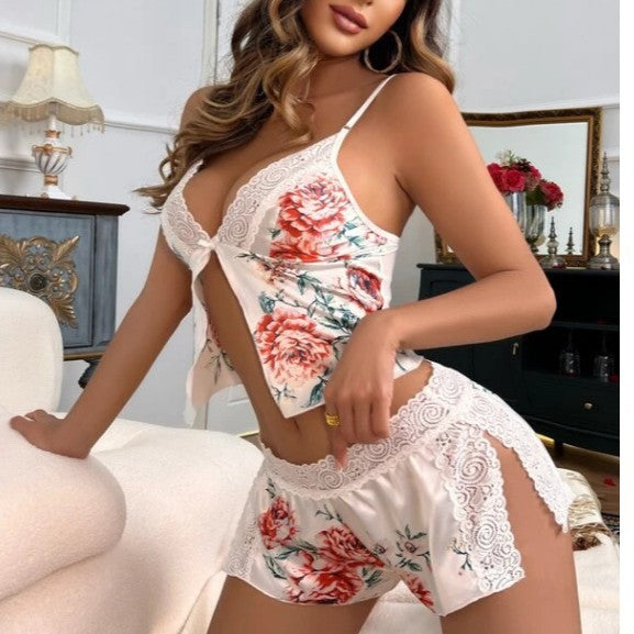 Printed Deep V Slit Two-Piece Sleepwear Set