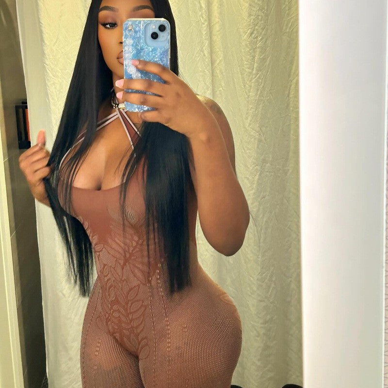 Cross halter neck open back fashionable hollow knitted jumpsuit