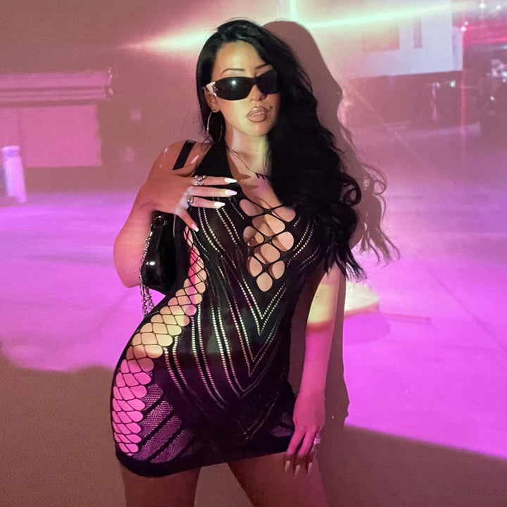 Sheer Halter Backless Mesh Dress