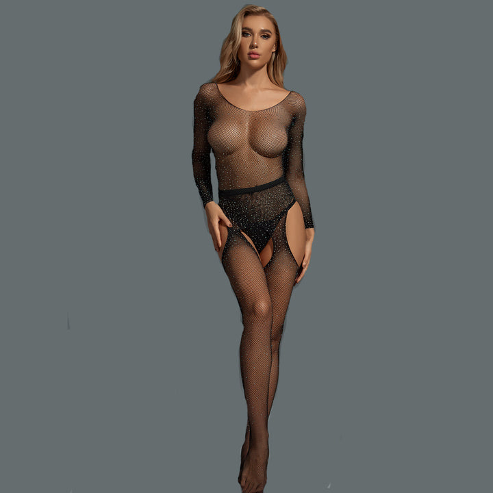 Rhinestone Mesh Open Crotch Bodysuit