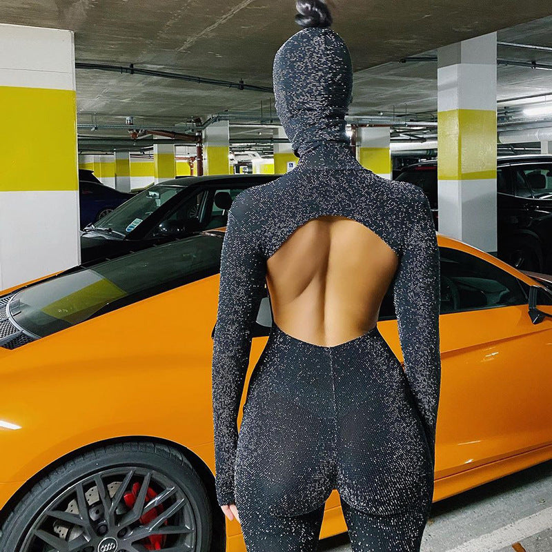 Shiny backless high-neck long-sleeved bodysuit (with hood)