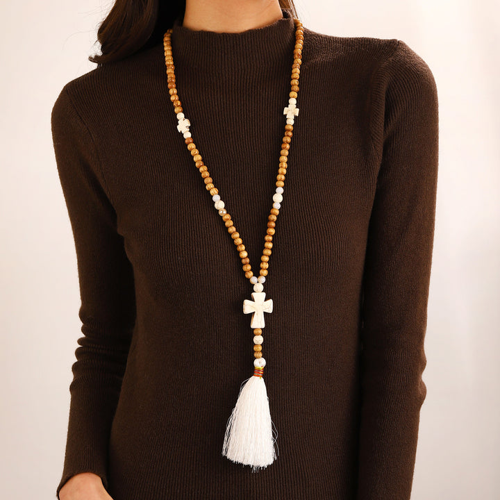 Natural Wood Beaded Cross Tassel Necklace