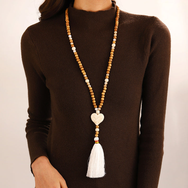 Natural Wood Beaded Cross Tassel Necklace