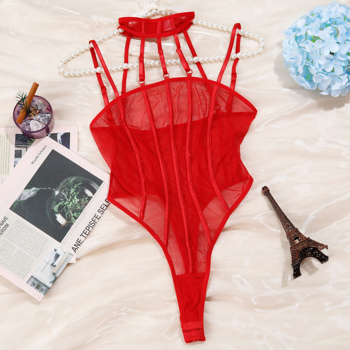 Vertical Stripe Sheer Halter Bodysuit