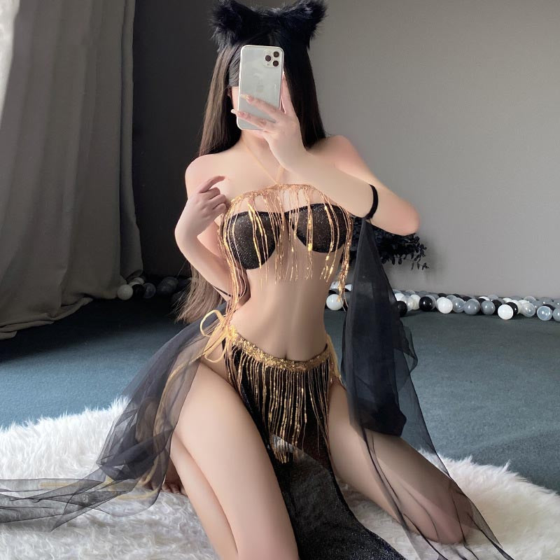 Exotic Dancer Tassel Sequin Slit Lace-Up Skirt Uniform Set