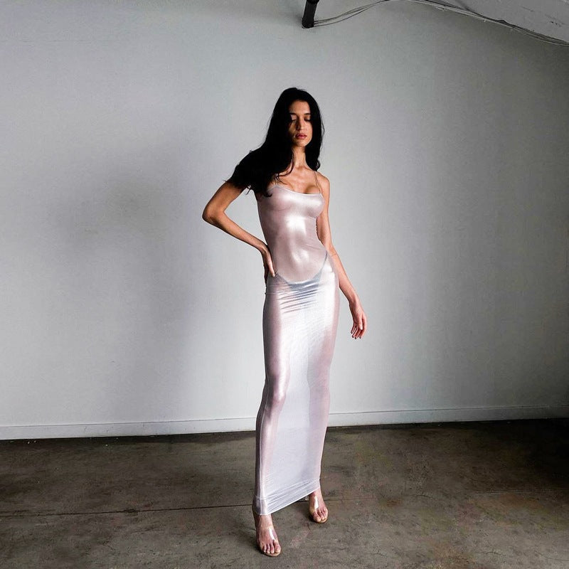 Nightclub fashion hot girl sexy see-through slim suspender dress