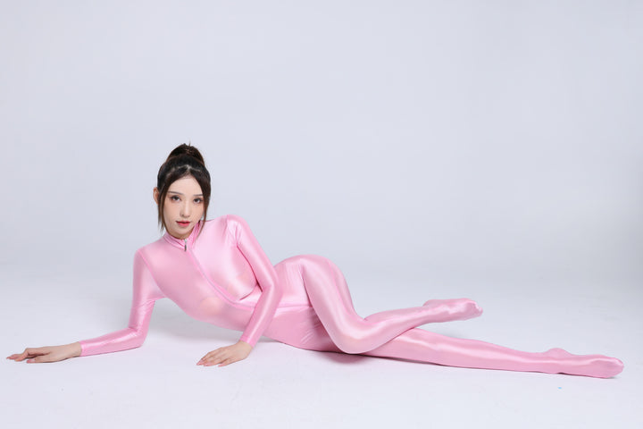 Glossy Silk-Shine Full-Length Bodysuit with Dual Zippe