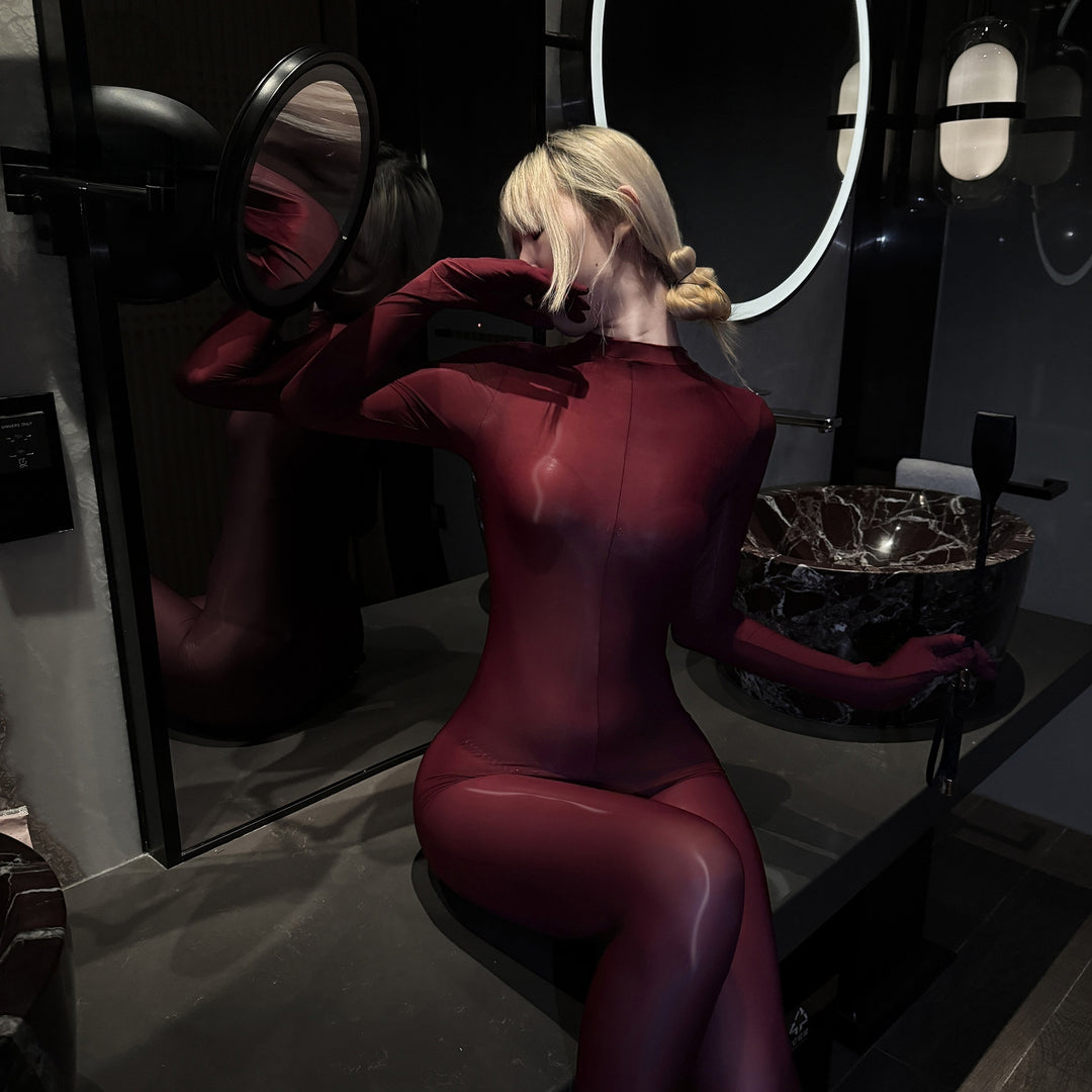 Glossy open-crotch five-finger gloves long-sleeved bodysuit