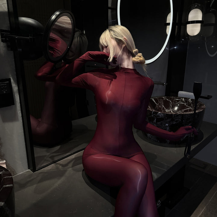 Glossy open-crotch five-finger gloves long-sleeved bodysuit