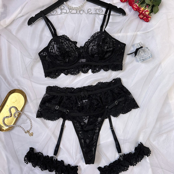 French Lace Push-Up Lingerie Set with Garter Straps
