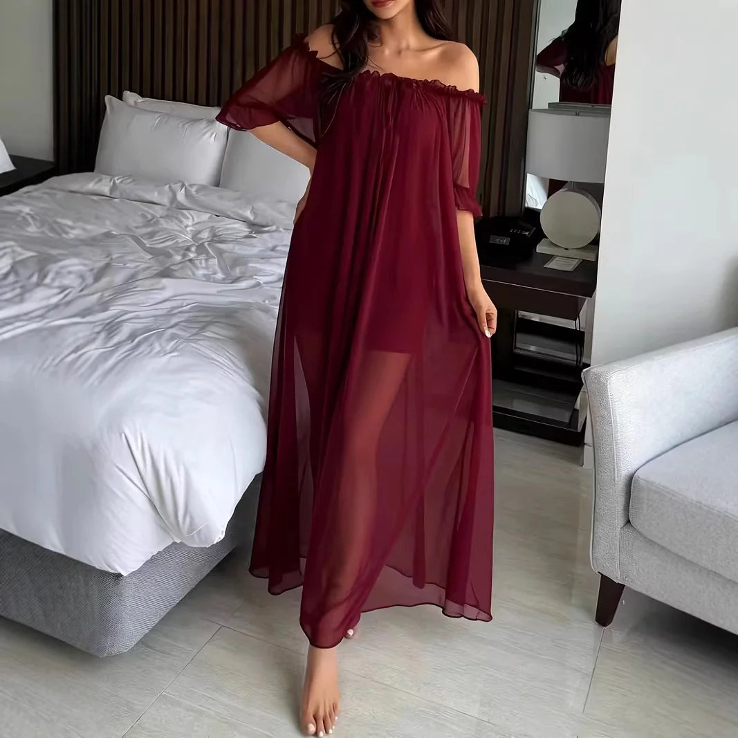 Off-Shoulder Ruffle Mesh Maxi Sleep Dress