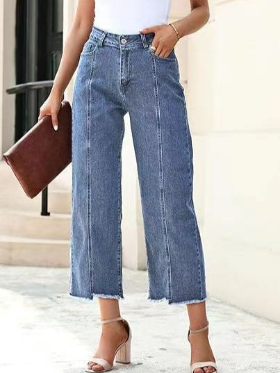 High-Waisted Cropped Straight-Leg Denim Jeans