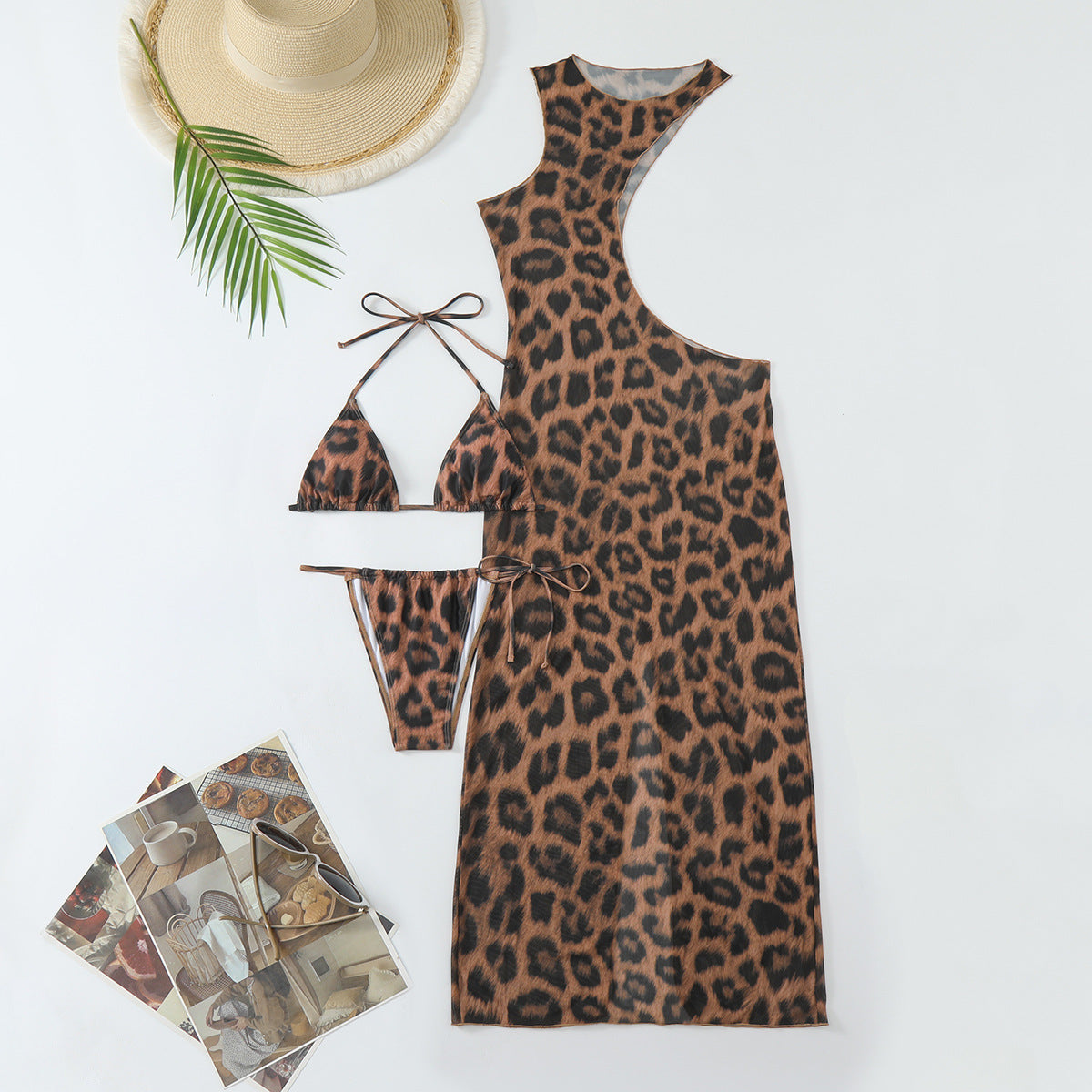Waist-baring leopard print three-piece swimsuit
