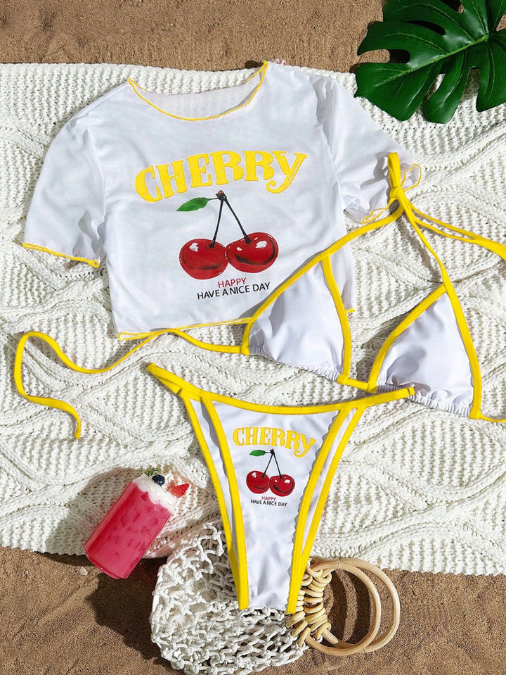 Cherry Print Three-Piece Bikini