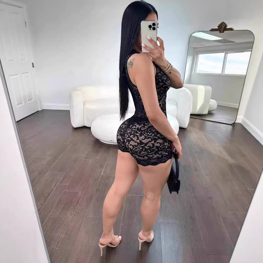 Lace Cutout V-Neck Bodysuit Shorts