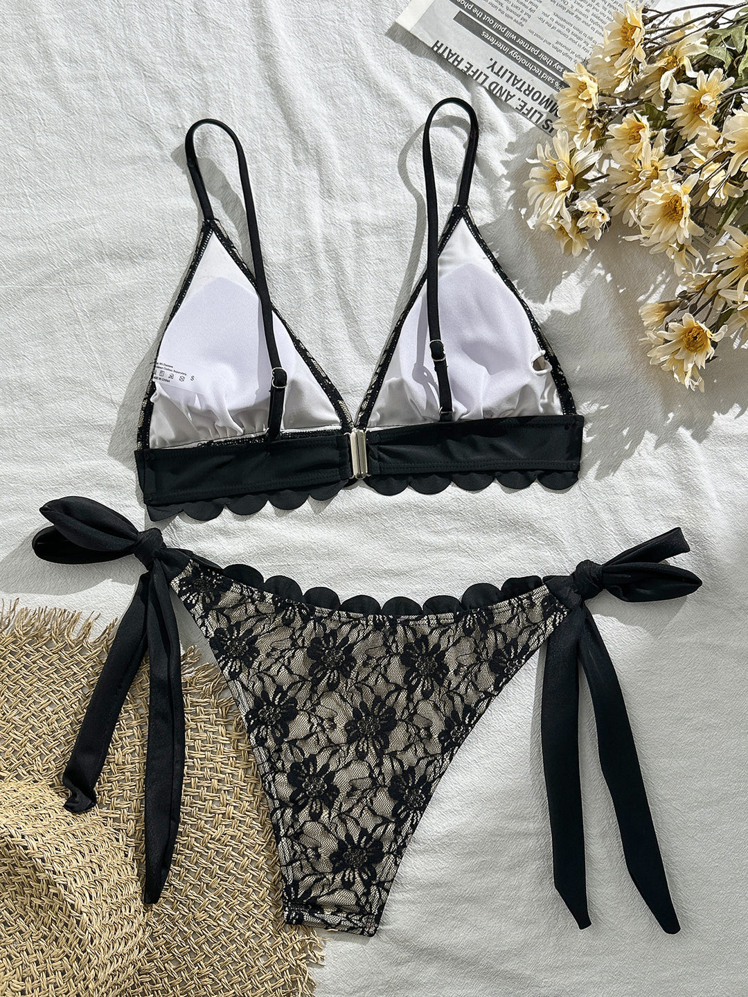 Black Lace Scallop Tie-Up Bikini Set