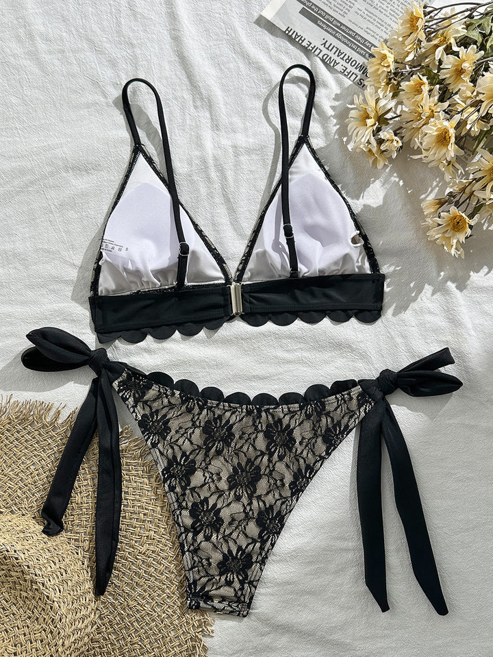 Black Lace Scallop Tie-Up Bikini Set
