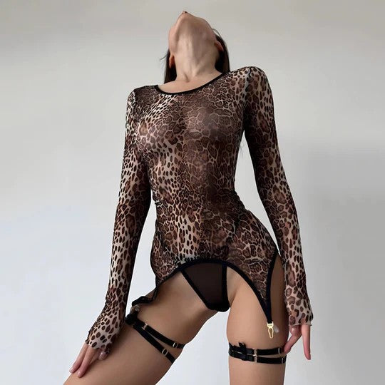 Leopard print mesh see-through bodysuit set