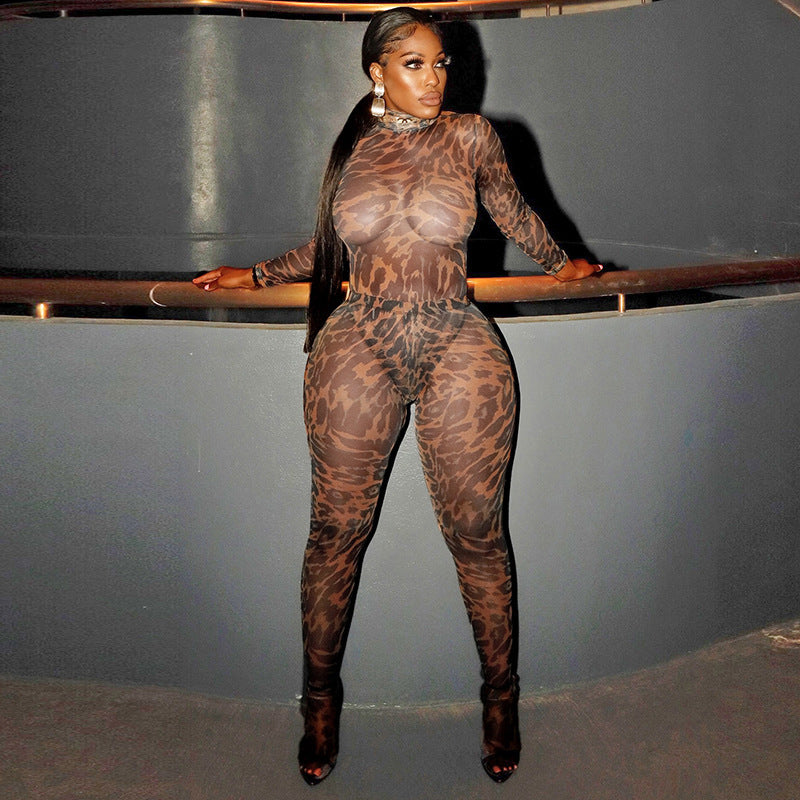 Leopard Mesh High-Neck Long-Sleeve Bodysuit – Slim Fit &amp; Fiercely Stylish