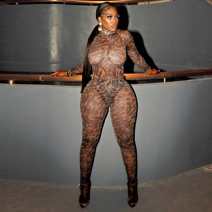 Leopard Mesh High-Neck Long-Sleeve Bodysuit – Slim Fit &amp; Fiercely Stylish