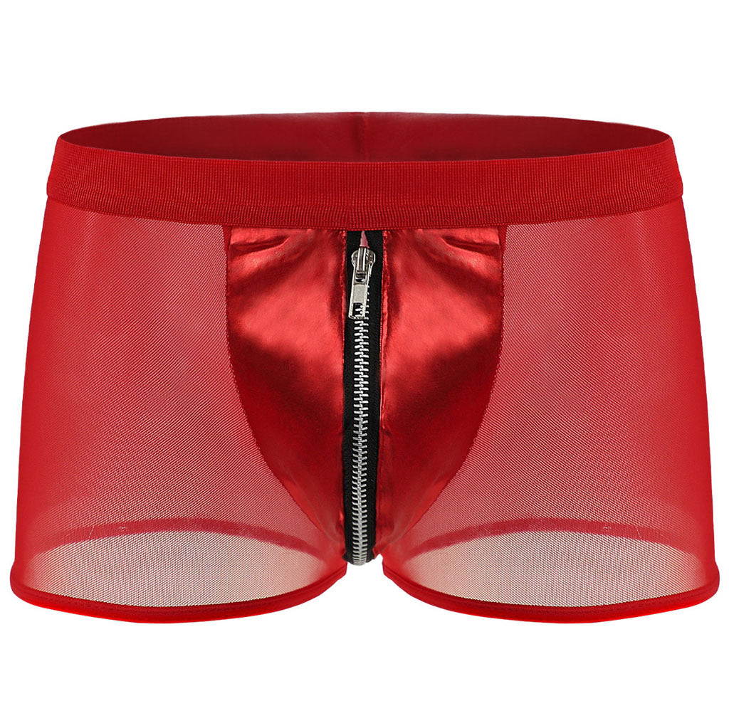 Men's Sexy Mid-Rise Fine Mesh Faux Leather Zipper Boxer Briefs