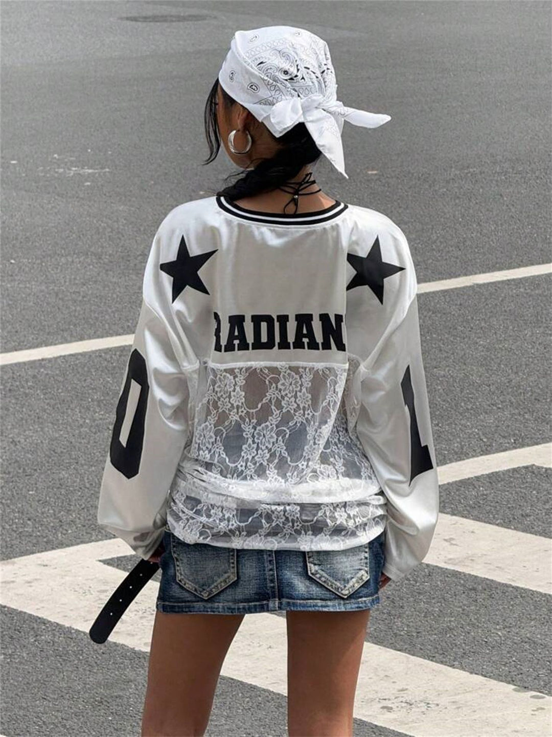 Printed Lace Sheer V-Neck Sweatshirt