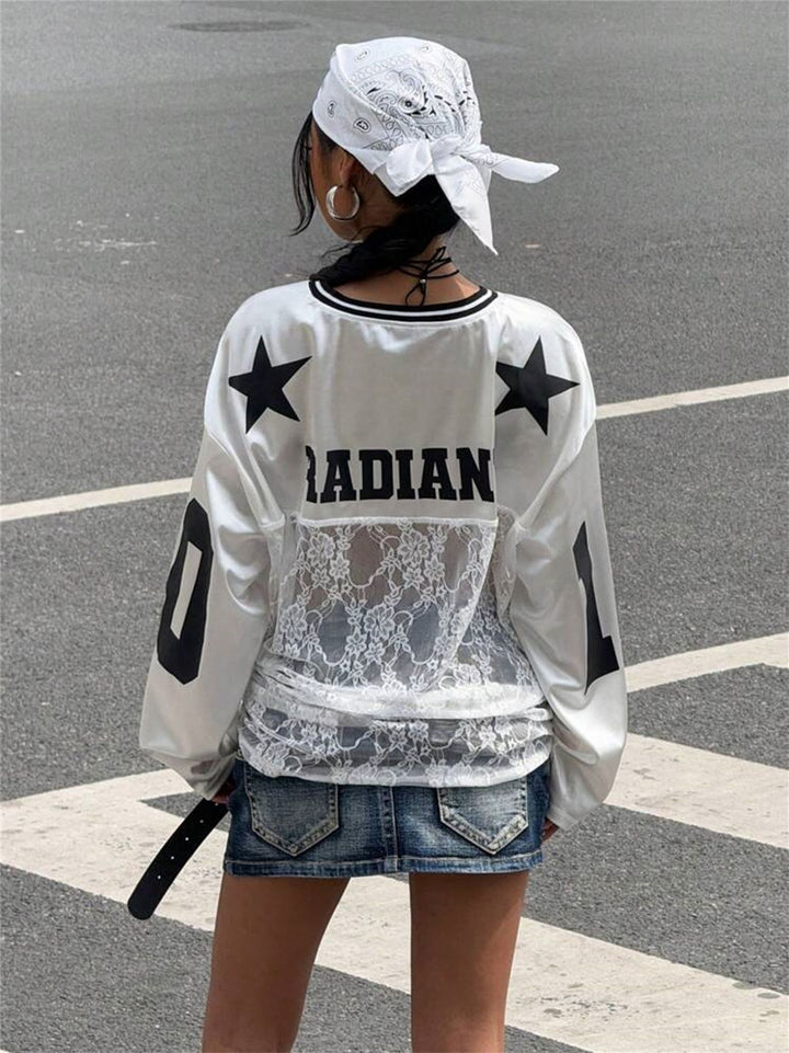 Printed Lace Sheer V-Neck Sweatshirt