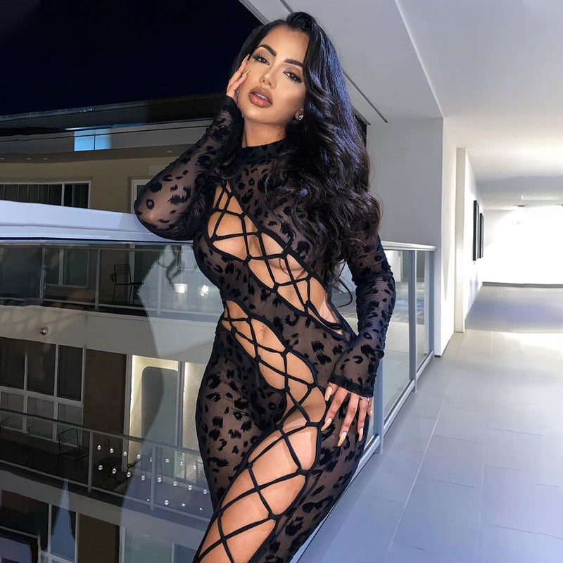Leopard Print Lace-Up Bodycon Bodysuit