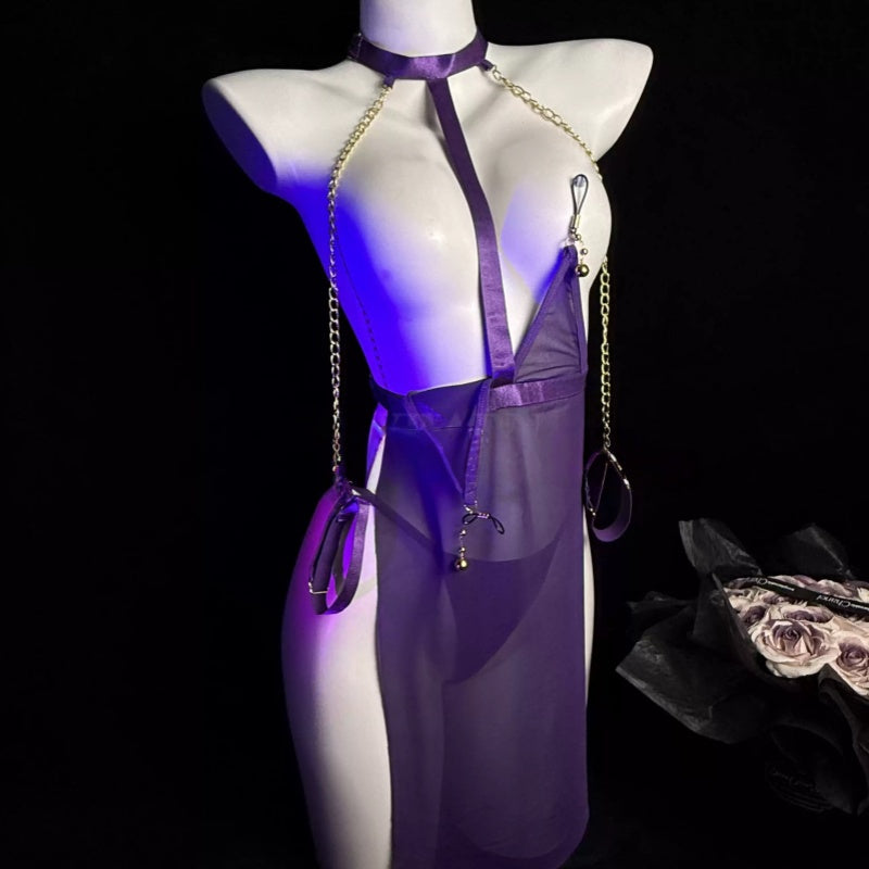 Sheer Mesh Body Dress Set with Chain Detail