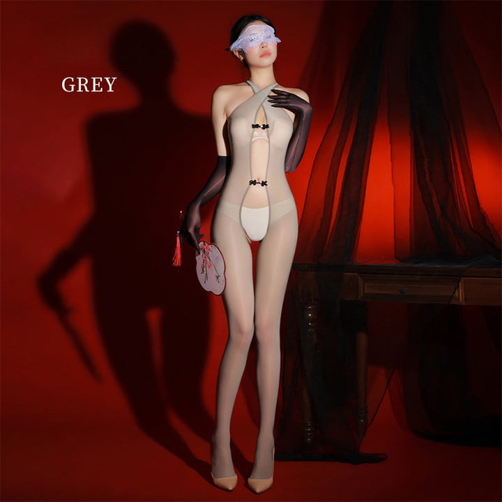 Sexy Cross-Color Open-Crotch Bodysuit with Stockings – No Removal Lingerie