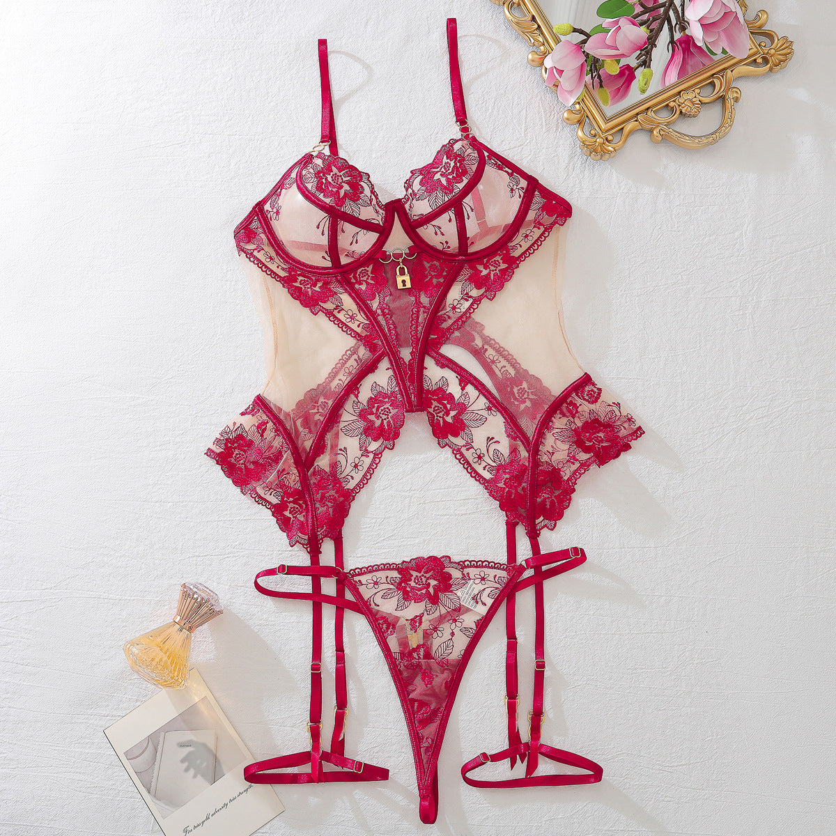 Mesh see-through thin lace temptation underwear three-piece set