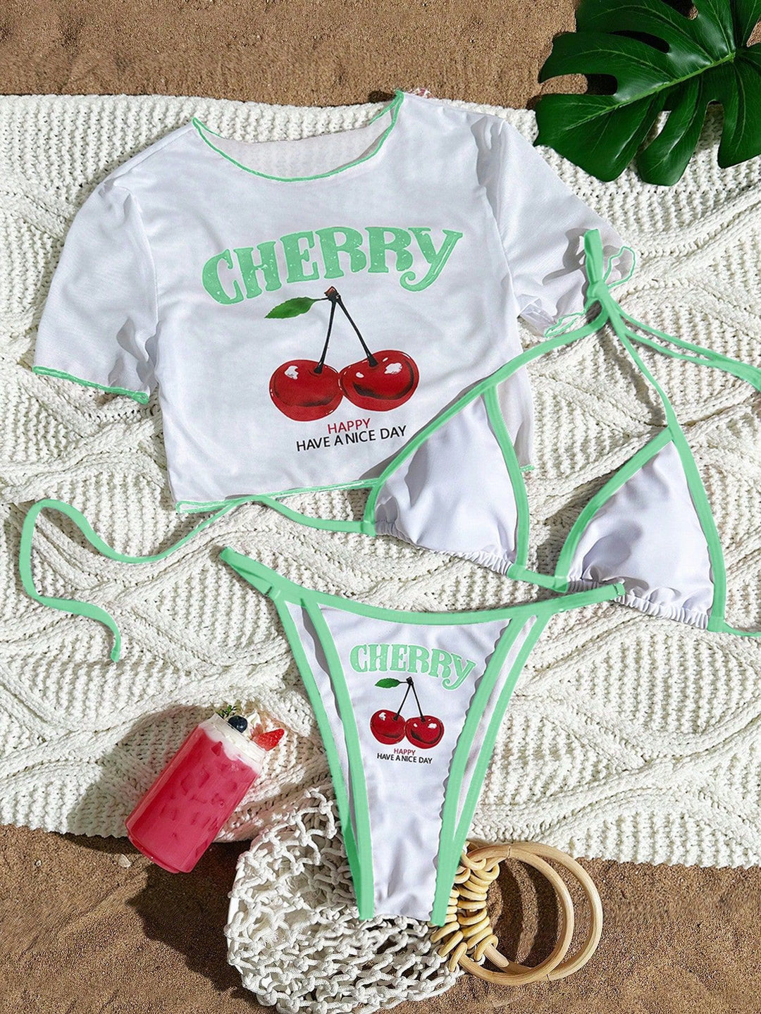 Cherry Print Three-Piece Bikini